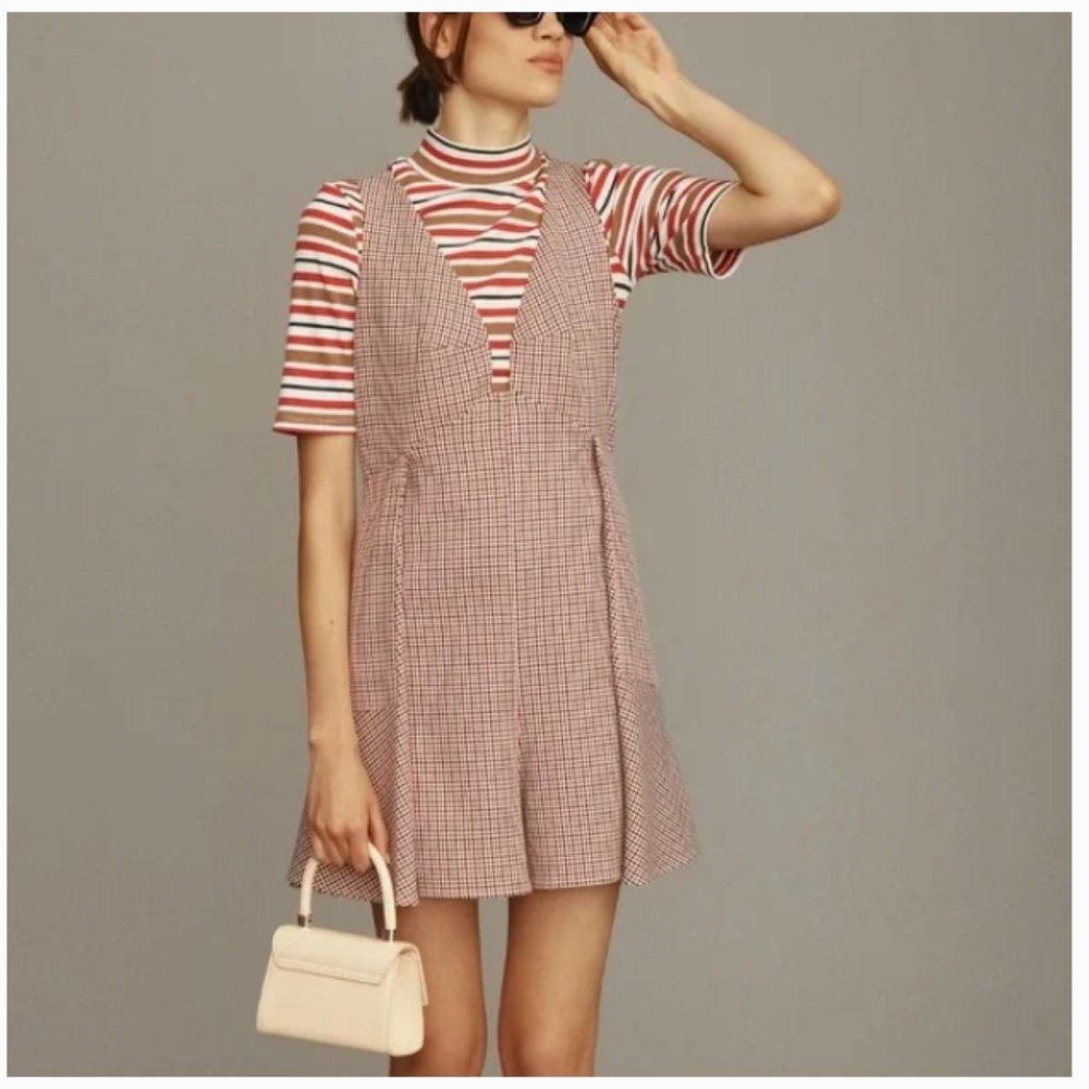 SOLD Anthropologie Mare Mare Houndstooth Tweed Romper NWT in Red & Black Large - Picture 1 of 16